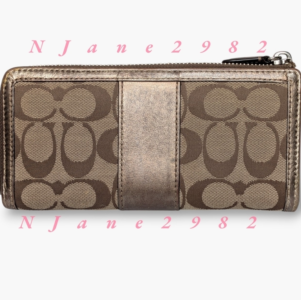 Coach Wallet Signature Monogram Bronze Tan Metallic Stripe Canvas & Leather Zip - Picture 4 of 13